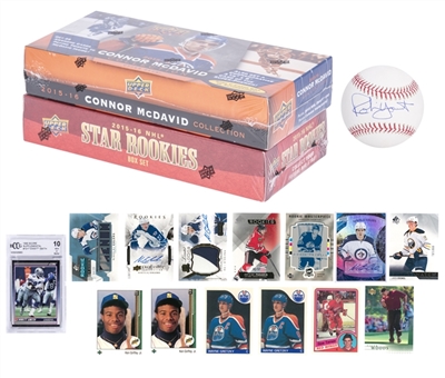 1980 to Present Multi-Sport Card, Memorabilia & Sealed Box Collection Including Robin Yount Signed Baseball & Emmit Smith, Ken Griffey Jr., Connor McDavid Rookie Cards/Boxes